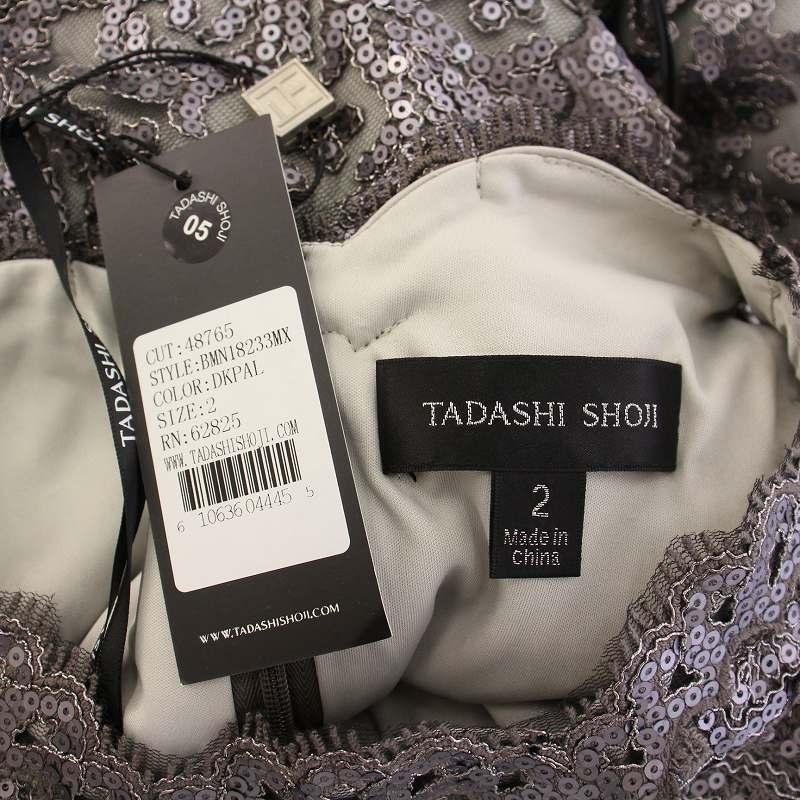 【中古】未使用品 タダシショージ タイトワンピース ひざ丈 ノースリーブ クルーネック スパンコール 切替 2 グレー 未使用品 タダシショージ TADASHI SHOJI タイトワンピース ひざ丈