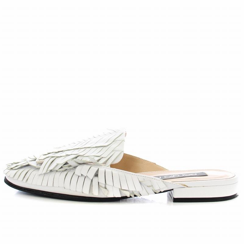 【中古】セルジオロッシ Sergio rossi ミュール レザー サンダル フリンジ 37.5 白 ホワイト /☆G レディース Sergio rossi（セルジオロッシ） ミュール レザー サンダル フリンジ