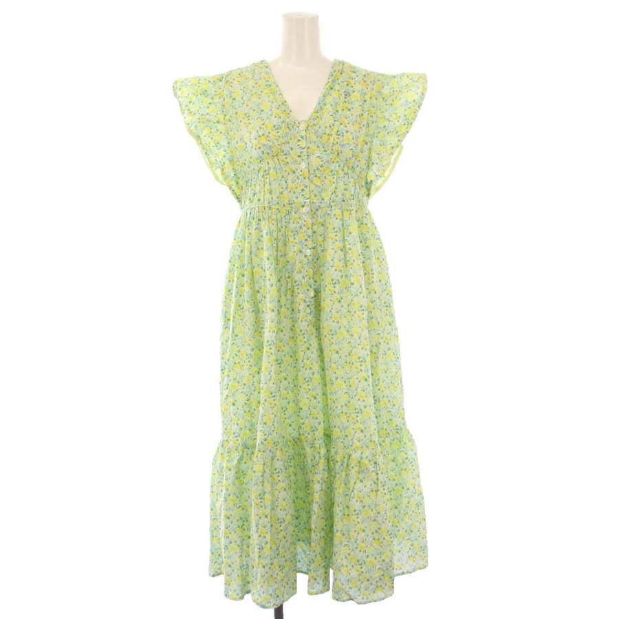 【中古】オブリ OBLI イエローフリルワンピース ミモレ ロング 半袖 Vネック 花柄 1 緑 グリーン 黄色 23SSND15-1 オブリ OBLI イエローフリルワンピース ミモレ ロング 半袖 Vネック 花
