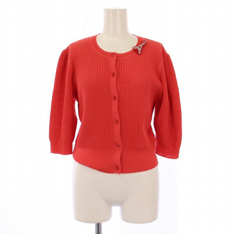 【中古】エムズグレイシー M'S GRACY 24SS ニットカーディガン 五分袖 クルーネック ストレッチ ブローチ 38 赤 エムズグレイシー M'S GRACY 24SS ニットカーディガン 五分袖 クルー