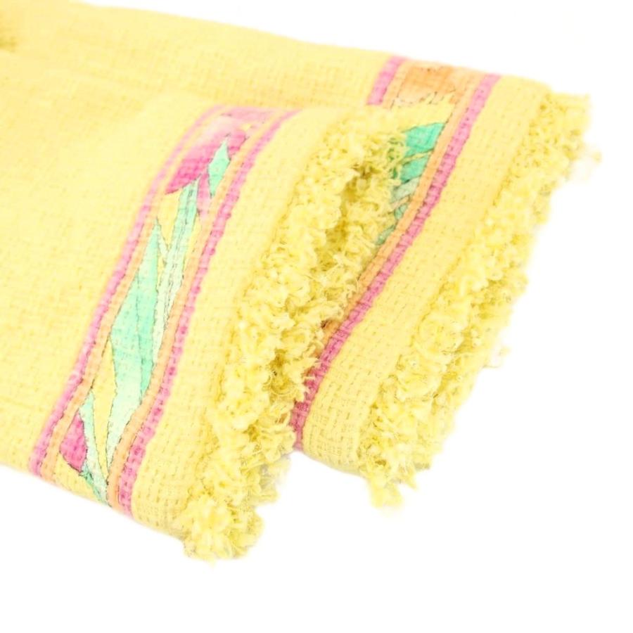 【中古】レオナール  FASHION ツイードコート ステンカラー ロング 花柄裏地 カットオフ 40 黄 イエロー 0358881 LEONARD（レオナール） LEONARD FASHION ツイードコート ステンカラー