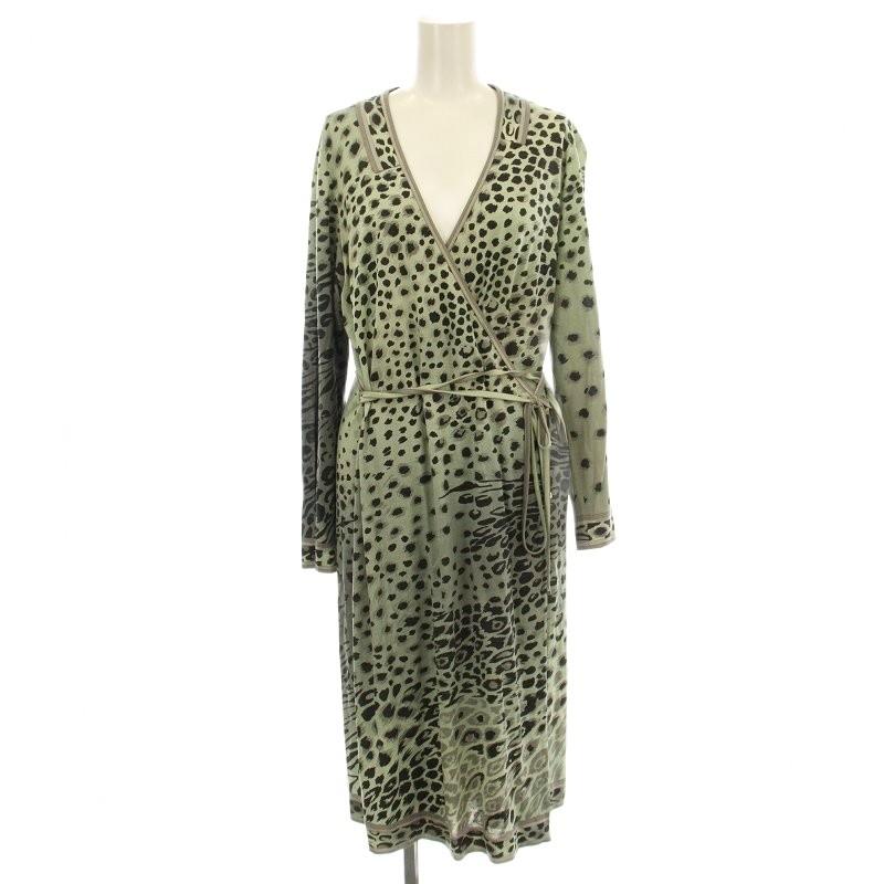 【中古】レオナール LEONARD FASHION ラップワンピース 0320601 レオパード柄 長袖 ひざ丈 LL 緑 グリーン LEONARD（レオナール） LEONARD FASHION ラップワンピース 0320601