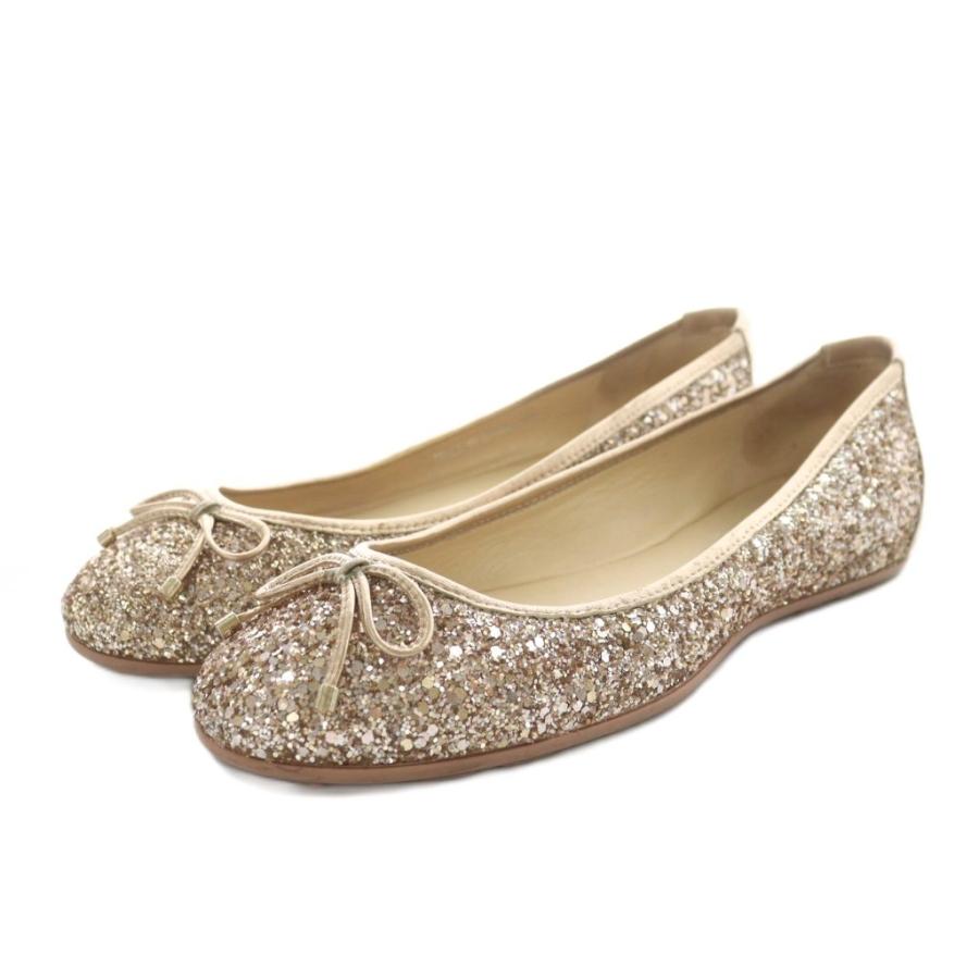 美品✨ ジミーチュウ フラットシューズ 24.5㌢ グリッター ゴールド リボン ジミーチュウ JIMMY CHOO バレエシューズ フラットシューズ ラウンド