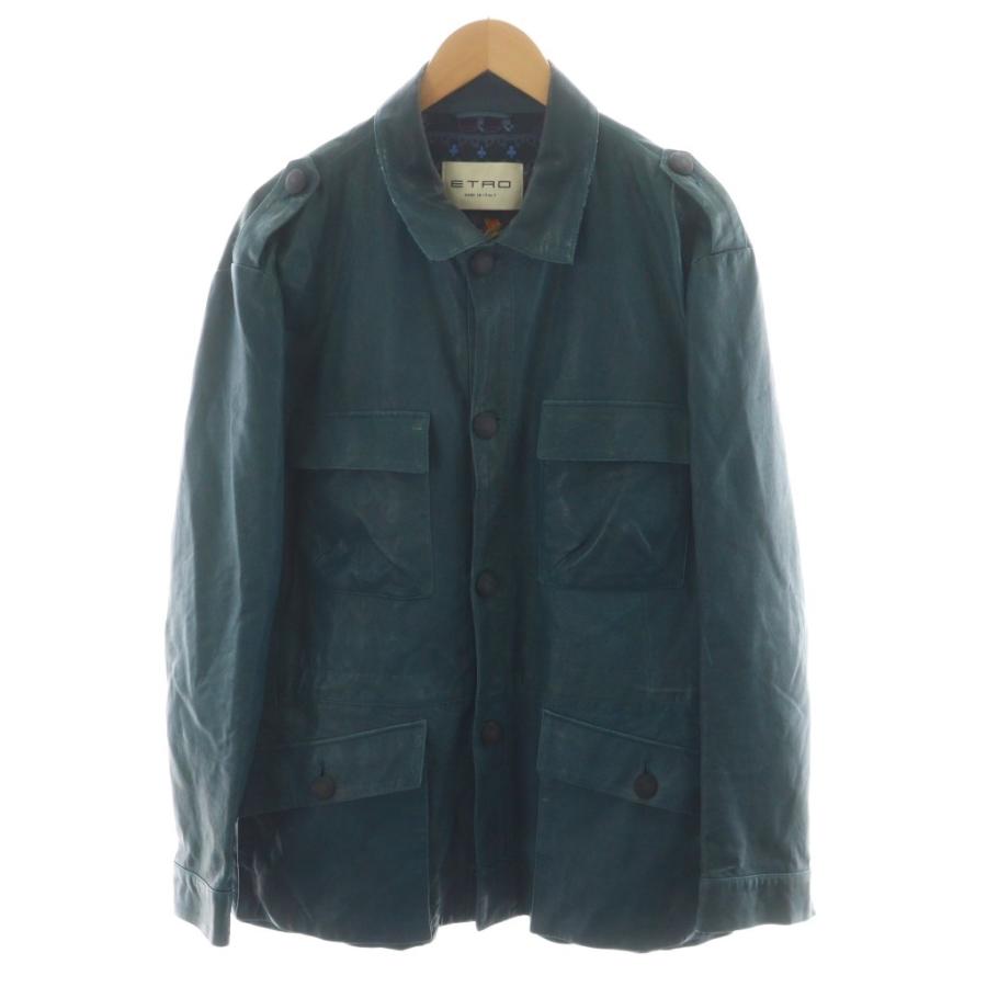 【中古】エトロ ETRO レザージャケット 革ジャン 裏地総柄 シルク 絹 3XL 青 ブルー /AN41 メンズ ETRO（エトロ） レザージャケット 革ジャン 裏地総柄 シルク 絹 3XL 青