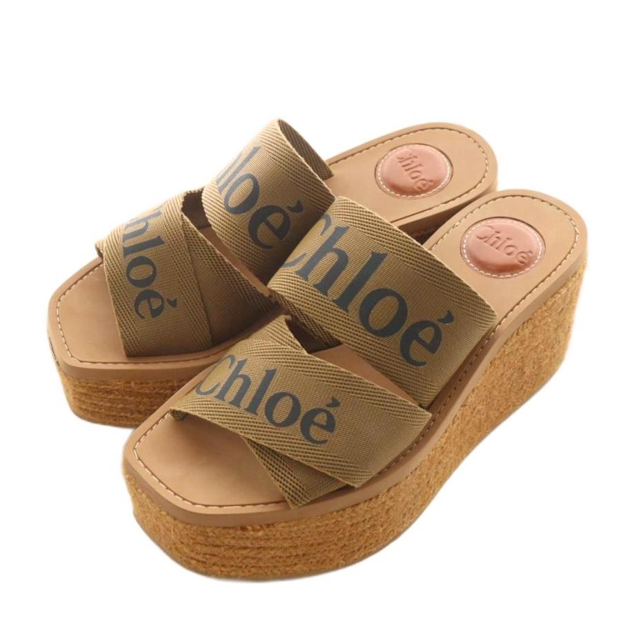 【美品】クロエ Woodyウェッジエスパドリーユ　ウエッジソール　厚底　白　ロゴ Chloe クロエ サンダル WOODY CHC22S449D2 レディース フラワー