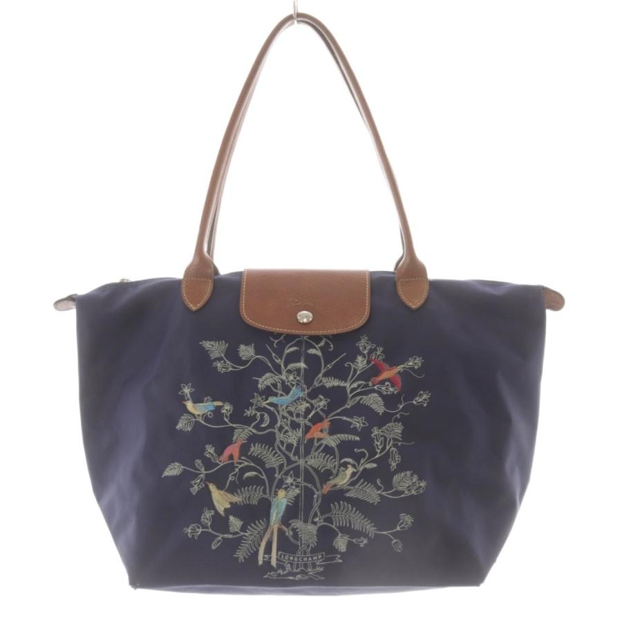 Longchampネイビー ナイロン バッグ ブラウンレザー LONGCHAMP（ロンシャン） トートバッグ ハンドバッグ 紺 ネイビー 茶色