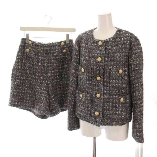 【中古】グレースクラス 23AW マルチヤーンツイードジャケット ショートパンツ セットアップ 上下 金ボタン 36 グレー グレースクラス 23AW マルチヤーンツイードジャケット ショートパンツ