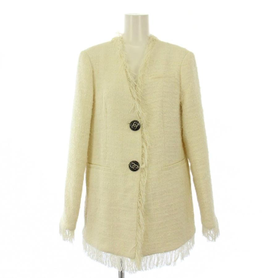 【中古】シャネル uniform ノーカラージャケット アウター ツイード フリンジ ココボタン ロゴ ウール シルク 36 白 CHANEL（シャネル） CHANEL uniform ノーカラージャケット アウター