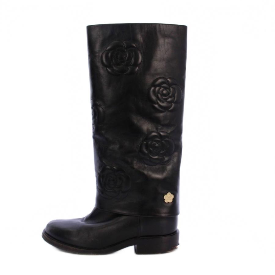 【中古】シャネル CHANEL 2016年製 カメリア ロングブーツ カーフレザー 38C 黒 G32098 /KH レディース CHANEL（シャネル） CHANEL 2016年製 カメリア ロングブーツ カーフ