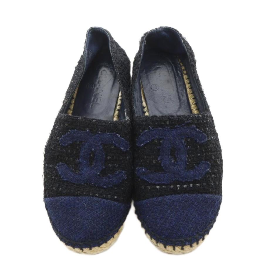 【未使用品】シャネル　ココマークロゴ ツイードエスパドリーユ　ネイビー×ブラック CHANEL（シャネル） ココマーク スリッポン シューズ ツイード
