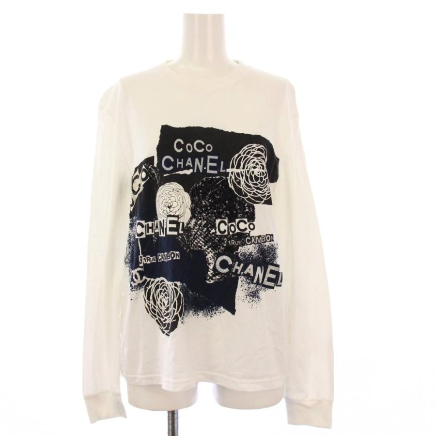 【中古】シャネル CHANEL Tシャツ カットソー 長袖 ロゴ カメリア スパンコール S 白 P63300K48961 /KH レディース CHANEL（シャネル） CHANEL Tシャツ カットソー 長袖 ロゴ カメリア