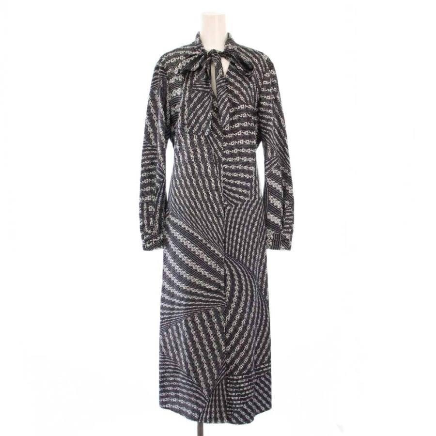 【中古】未使用品 トリーバーチ TORY BURCH フレアワンピース マキシ ロング 長袖 ボウタイ 総柄 シルク 4 黒 白 TORY BURCH（トリーバーチ） 未使用品 フレアワンピース マキシ ロング