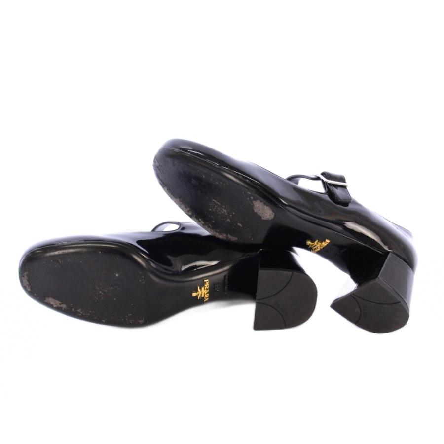 プラダ PRADA メリージェーン ストラップパンプス ラウンドトゥ チャンキーヒール パテントレザー ワンカラー 36.5 黒 ブラック /BB_5