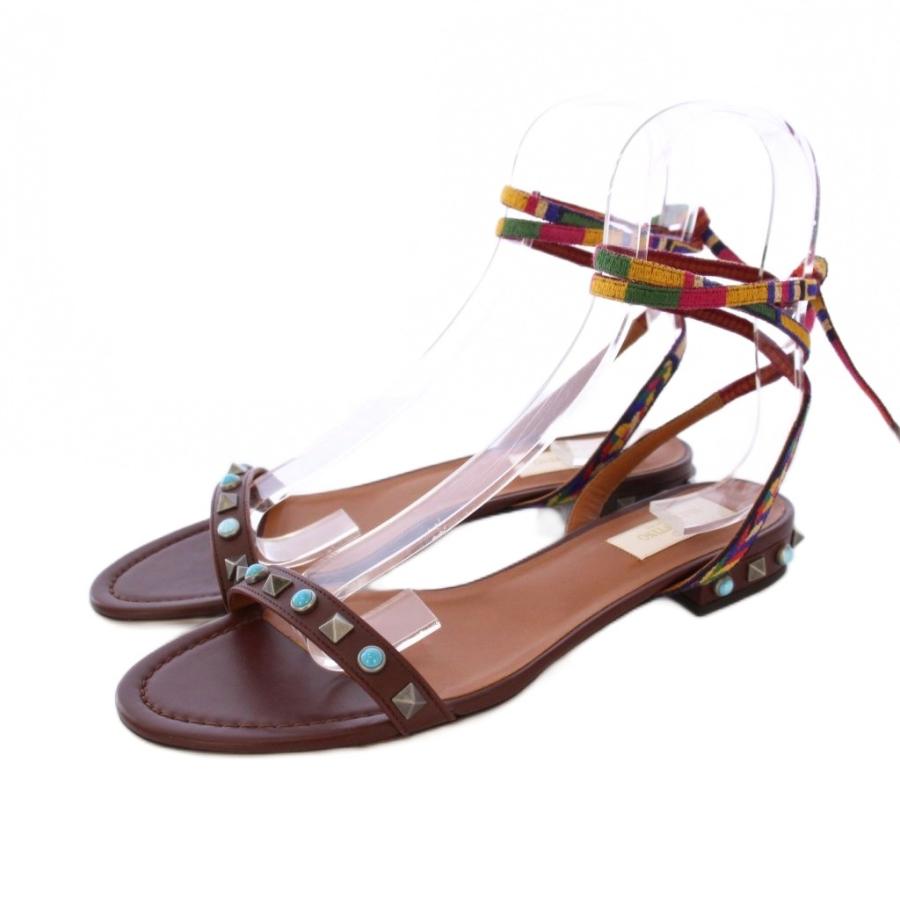 【中古】ヴァレンティノ ガラヴァーニ VALENTINO GARAVANI サンダル スタッズ レースアップ ローヒール 38 茶 /KH ヴァレンティノ ガラヴァーニ VALENTINO GARAVANI サンダル スタッズ