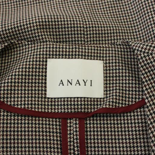 アナイ ANAYI ジャケット 36 ブラウン 千鳥格子 ノーカラー Vネック