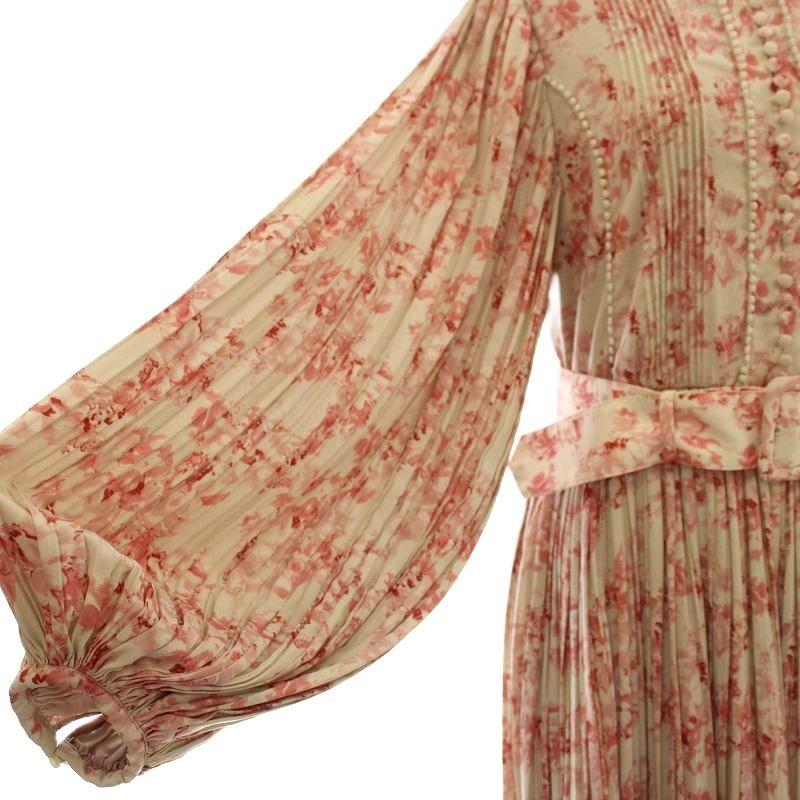 Estella.k　エステラケー　ロングワンピース　プリーツ　花柄 エステラケー Estella.K 花柄 ワンピース プリーツ 長袖 F ベージュ
