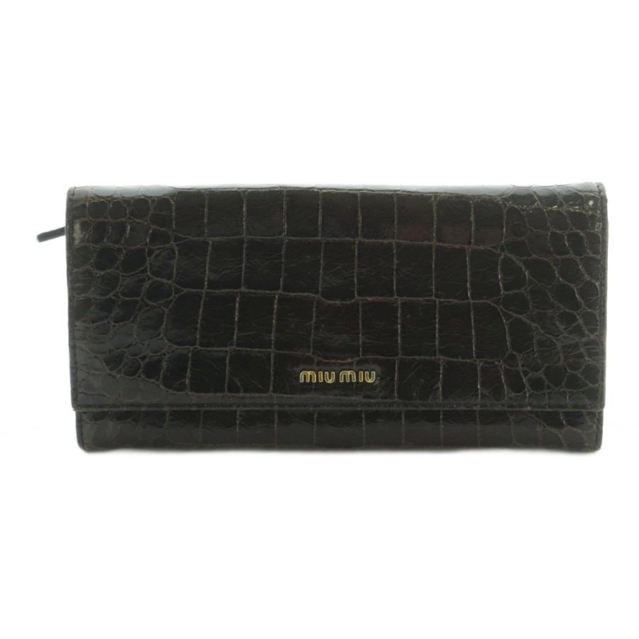miu miu（ミュウミュウ） 長財布 小銭入れ フラップ クロコ型押し 茶