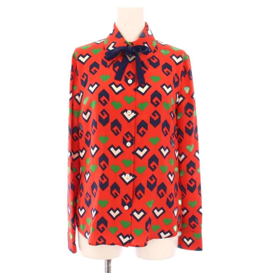 グッチ プリントタイネックシルクブラウス シャツ 長袖 36 赤 741337 GUCCI（グッチ） プリントタイネックシルクブラウス シャツ 長袖 36 赤