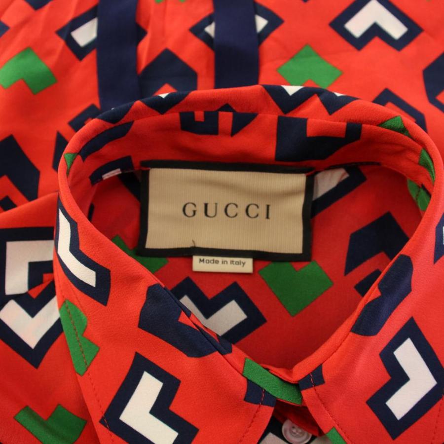 グッチ プリントタイネックシルクブラウス シャツ 長袖 36 赤 741337 GUCCI（グッチ） プリントタイネックシルクブラウス シャツ 長袖 36 赤