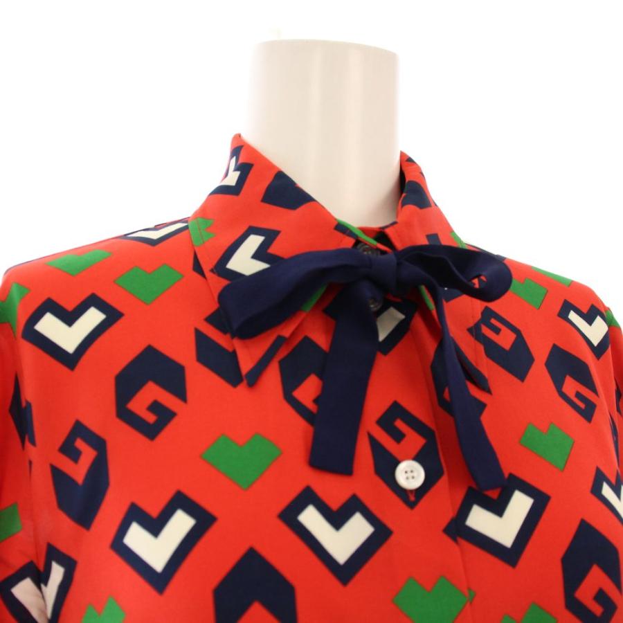 グッチ プリントタイネックシルクブラウス シャツ 長袖 36 赤 741337 GUCCI（グッチ） プリントタイネックシルクブラウス シャツ 長袖 36 赤