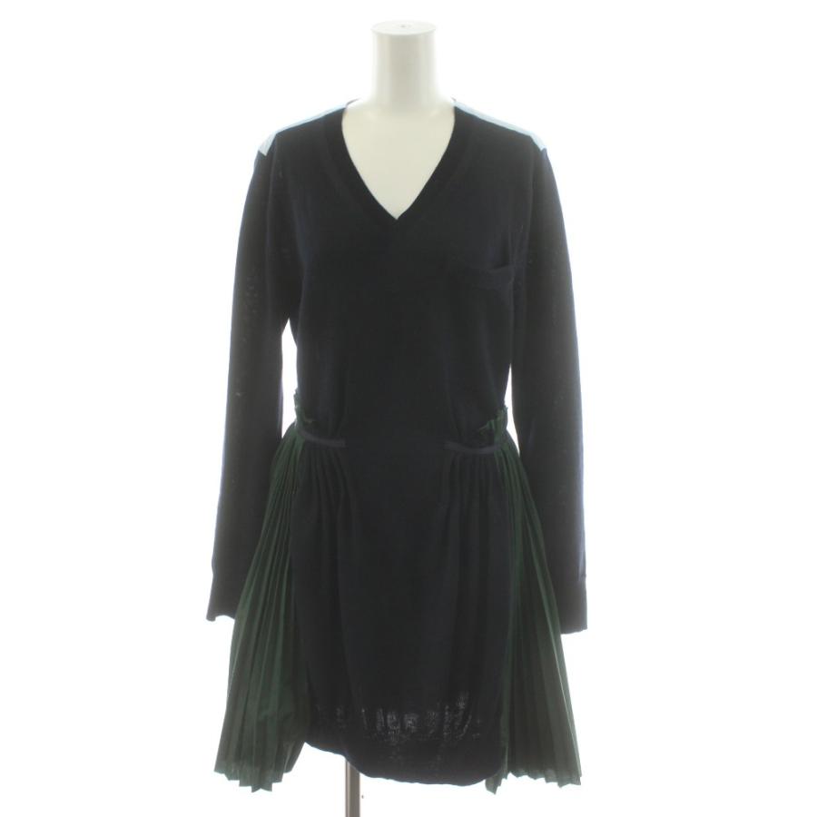 サカイ sacai ニットワンピース ひざ丈 長袖 ドッキング プリーツ 1 紺