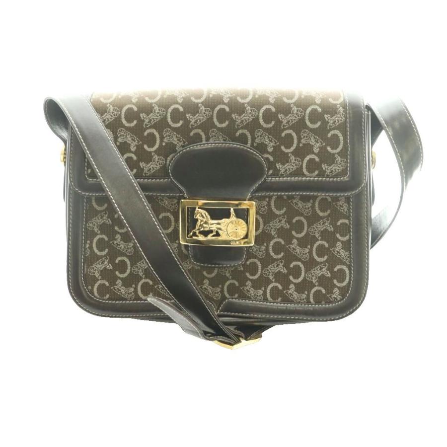 セリーヌ Cマカダム ホースキャリッジ ショルダーバッグ キャンバス レザー 茶 CELINE（セリーヌ） CELINE Cマカダム ホースキャリッジ ショルダー