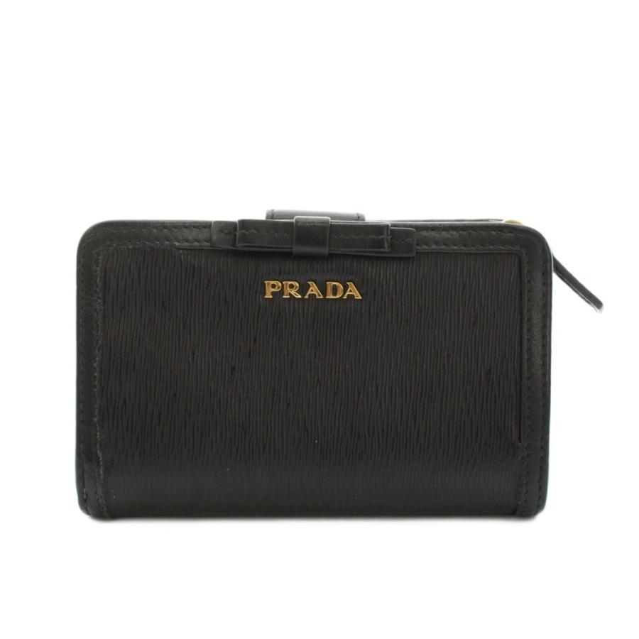 【美品】PRADA 二つ折り財布 レザー リボン コンパクト ロゴ ブラック 黒 PRADA（プラダ） 二つ折り財布 コンパクトウォレット レザー リボン