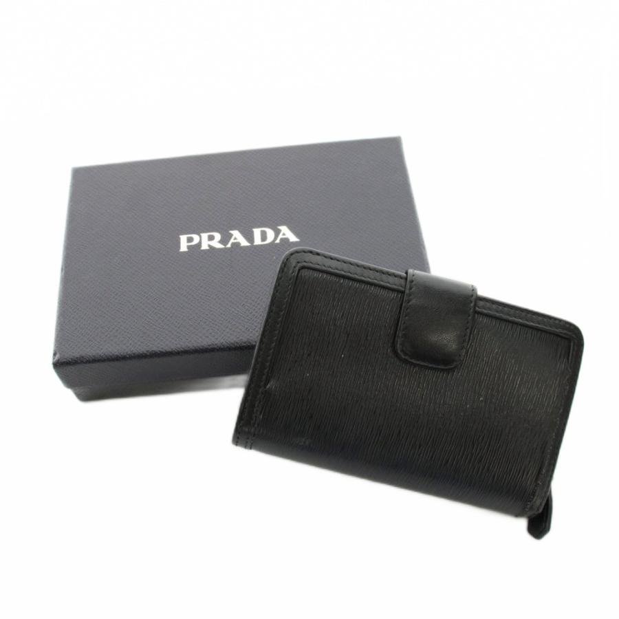 【美品】PRADA 二つ折り財布 レザー リボン コンパクト ロゴ ブラック 黒 PRADA（プラダ） 二つ折り財布 コンパクトウォレット レザー リボン