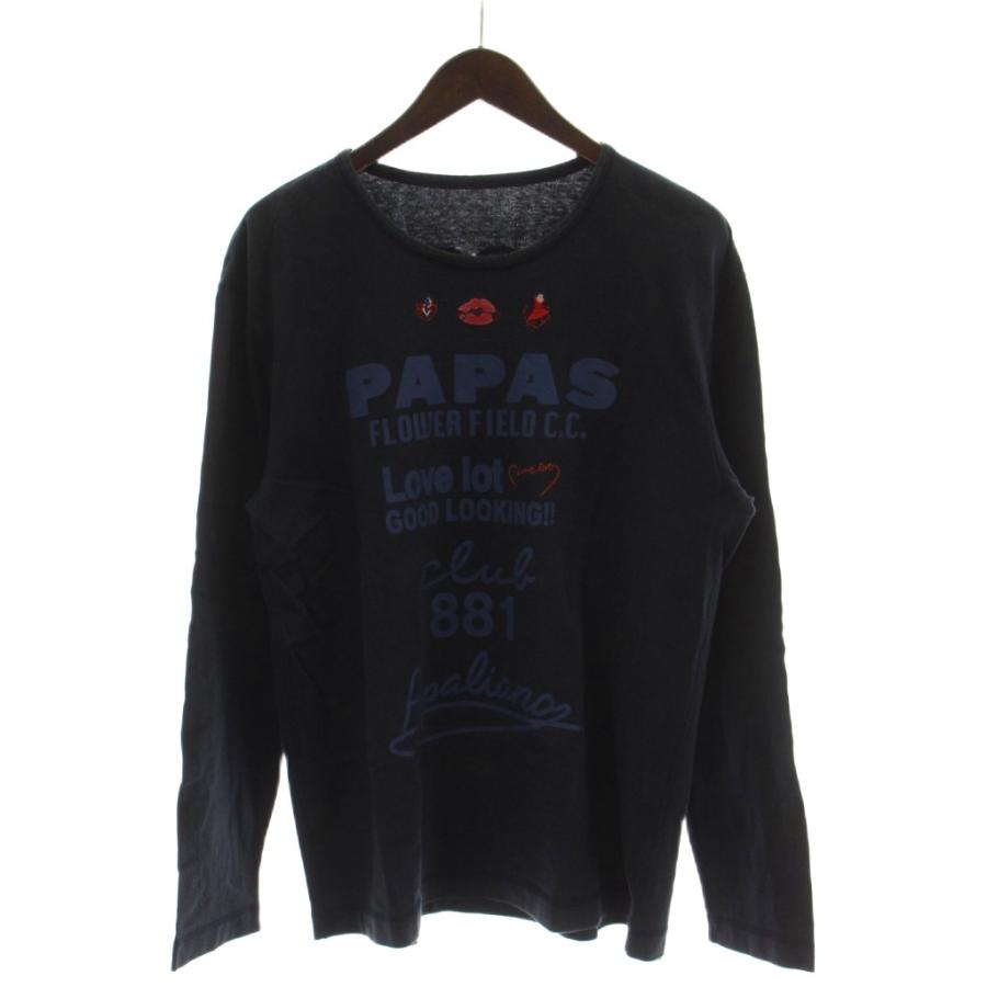 パパス Papas Tシャツ L 黒 ブラック 長袖 ロゴプリント ラウンド 