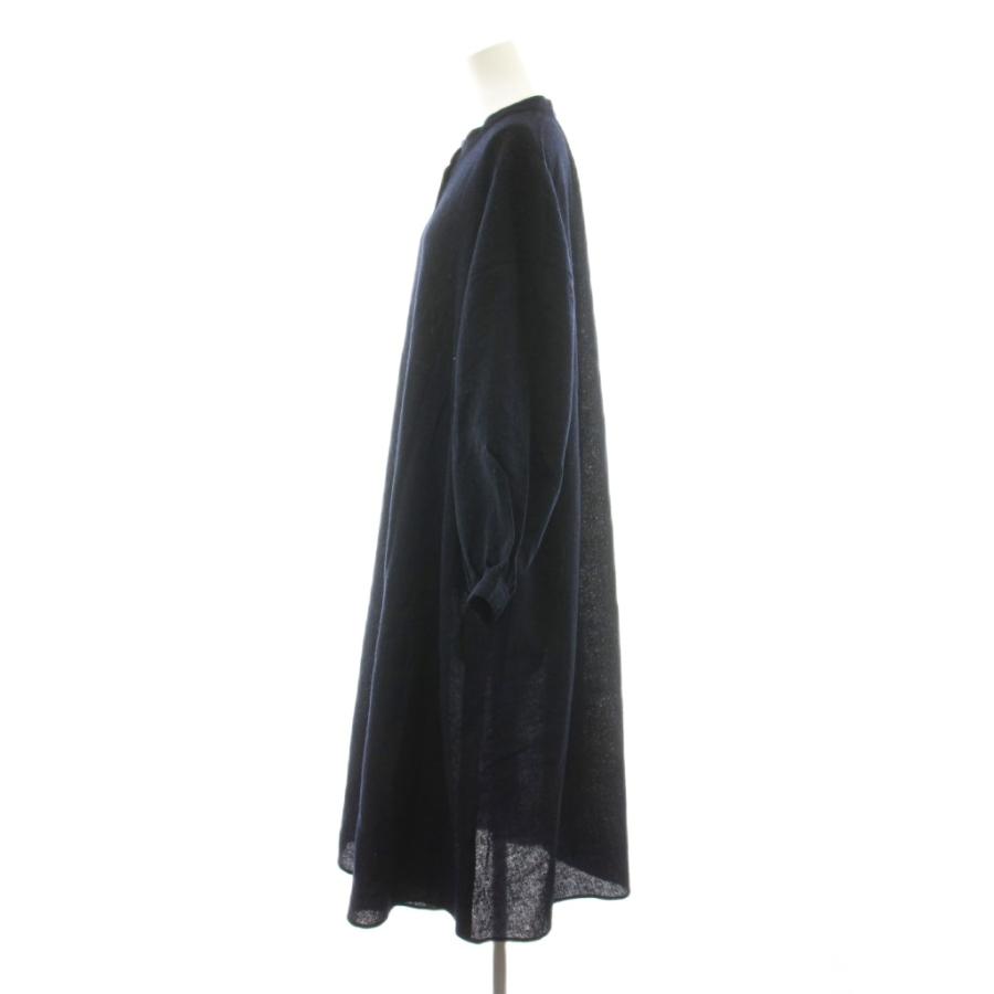 美品 レリアン 13＋サイズ バンドカラーコットンシャツワンピース 楊柳生地 紺 レリアン Leilian シャツワンピース ロング マキシ 長袖 バンドカラー