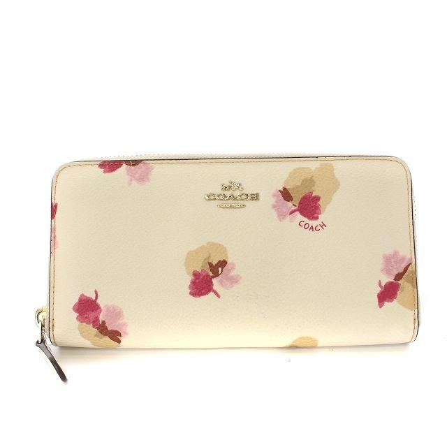 中古 コーチ COACH 財布 長財布 レザー ラウンドファスナー 花柄 白