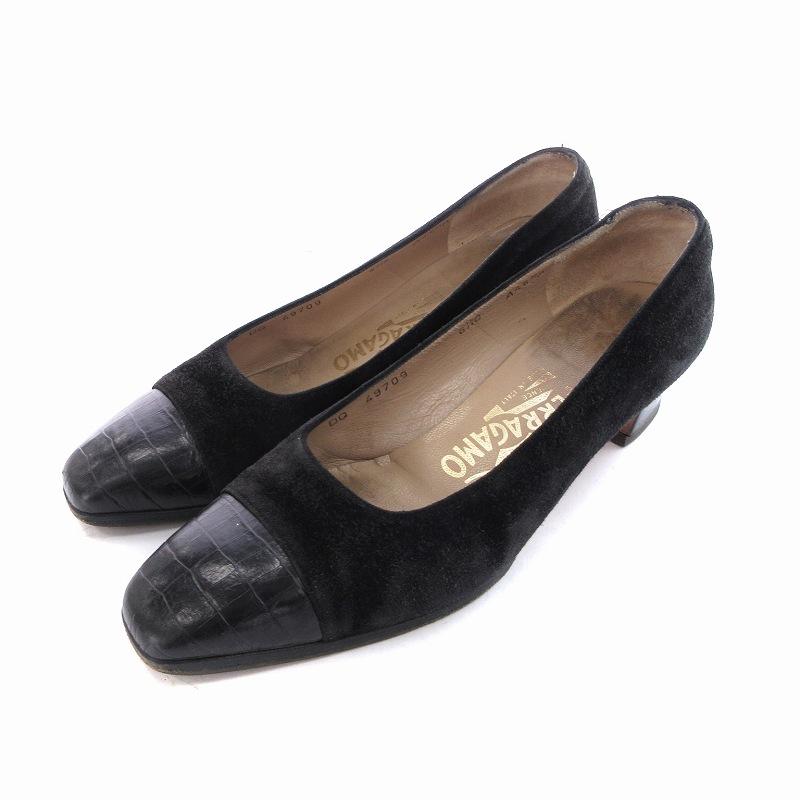 Ferragamo フェラガモ ブラック サテン オープントゥパンプス 6.5