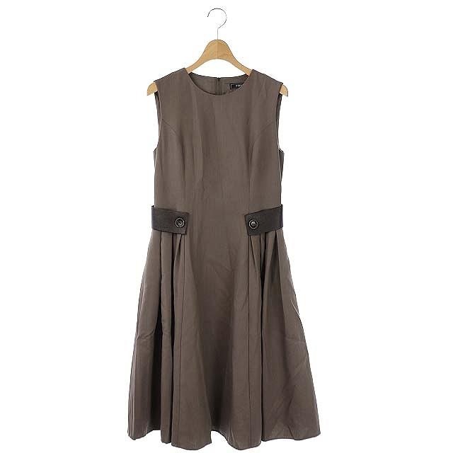 21春の新作 年製 中古 フォクシーブティック 中古 フォクシーブティック Boutique Foxey Dress 茶 40 クルーネック ロング サイドタック フレア ノースリーブ ワンピース Shape Leather ワンピース チュニック Dagl Tg