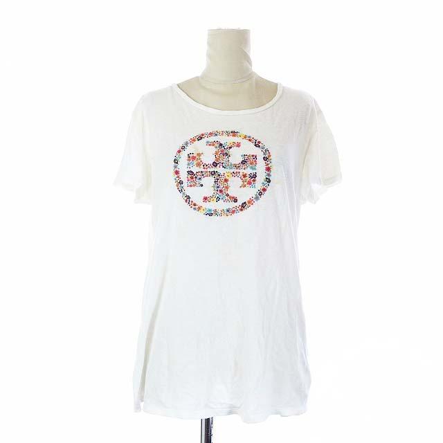 中古 トリーバーチ Tory Burch Tシャツ カットソー Uネック コットン プリント ロゴ 半袖 S 白 ホワイト Yi36 レディース ベクトル 古着 トップス