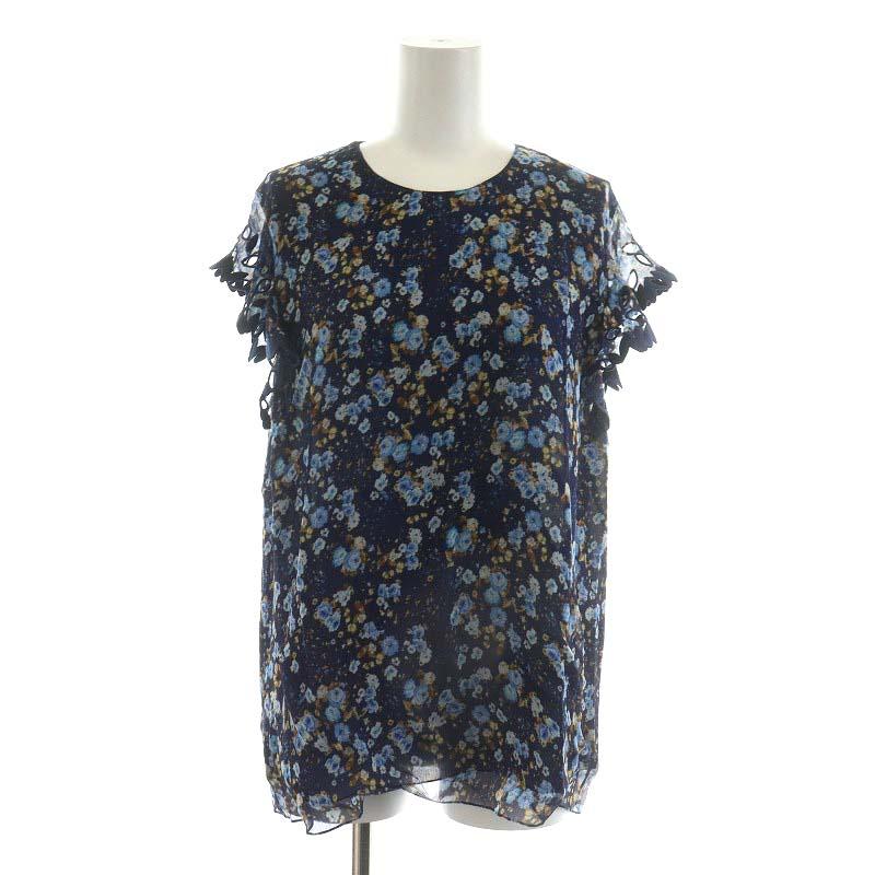 【中古】未使用品 ディースクエアード DSQUARED2 Frill Top ブラウス プルオーバー 花柄 フレンチスリーブ 40 L 青 DSQUARED2（ディースクエアード） 未使用品 DSQUARED2 Frill Top