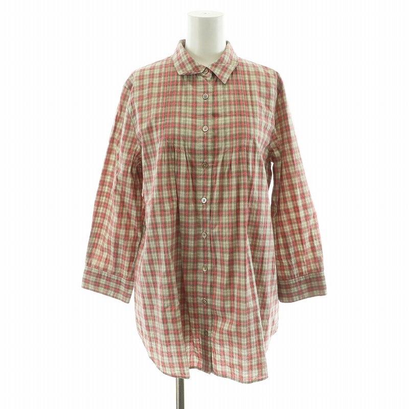 マドモアゼルノンノン　試着のみ美品プリント長袖ブラウス コットンストレッチダンガリー スタンドカラー共地フリル付き