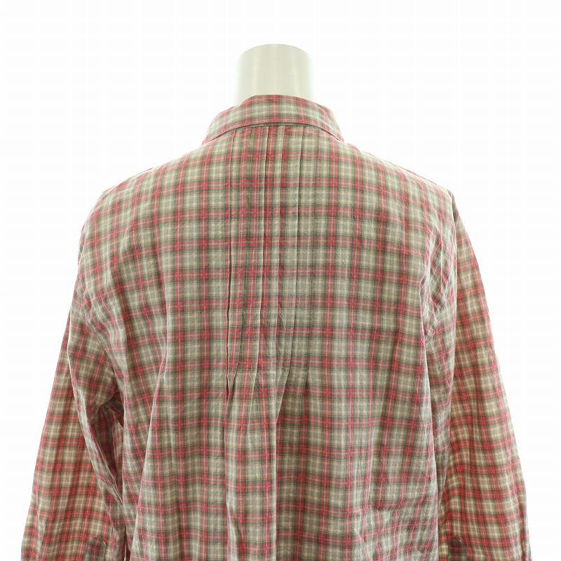 【マドモアゼルノンノン】リネンチェックシャツ 38 ノーカラー グリーン 日本製 マドモアゼルノンノン】リネンチェックシャツ 38 ノーカラー