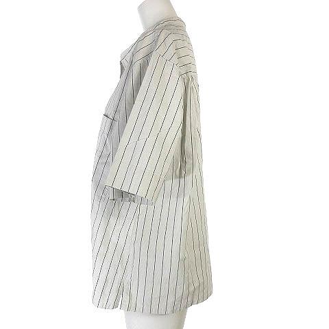 マーガレットハウエル MHL. 23SS COTTON RAMIE STRIPE シャツ ブラウス ストライプ 半袖 リネン混 バンドカラー オーバー ホワイト系 1｜vectorpremium｜02