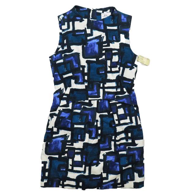 ミリー milly ノースリーブ 膝丈 ワンピース 総柄 ブルー パープル 4  
