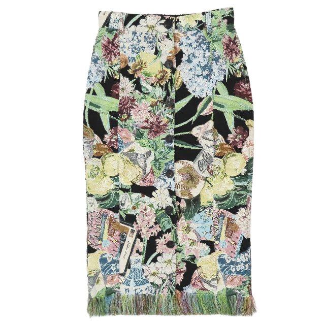 【中古】美品 ゴールデングース GOLDEN  ゴブラン ジャガード タイト スカート ミモレ丈 フロントボタン フリンジ装飾 総柄 40 美品 ゴールデングース GOLDEN GOOSE ゴブラン ジャガード タイト