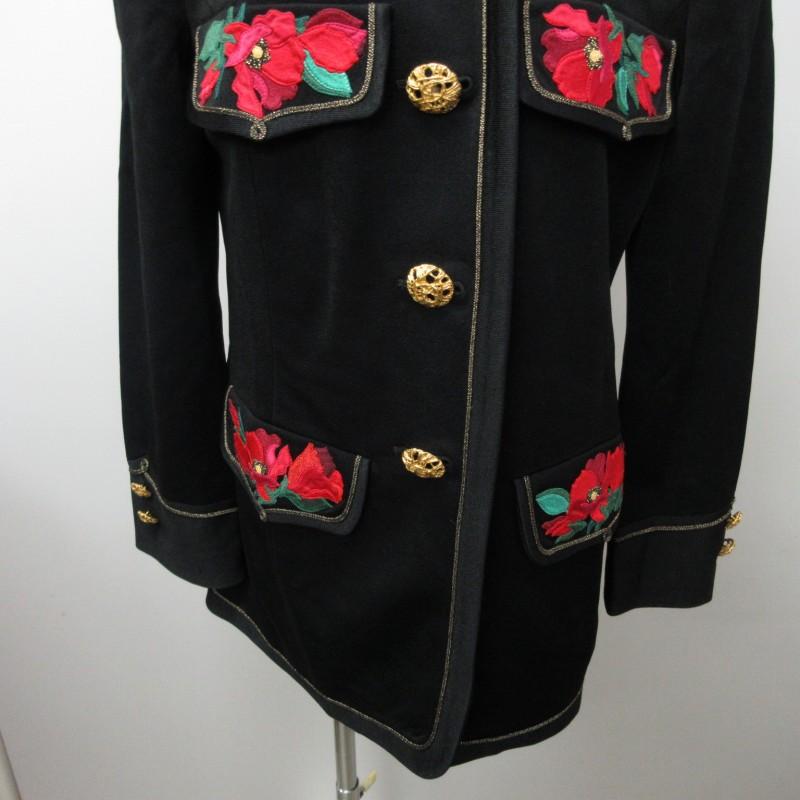美品 MS.REIKO ミズ レイコ 花柄刺繍ジャケット 金ボタン 黒 ブラック  