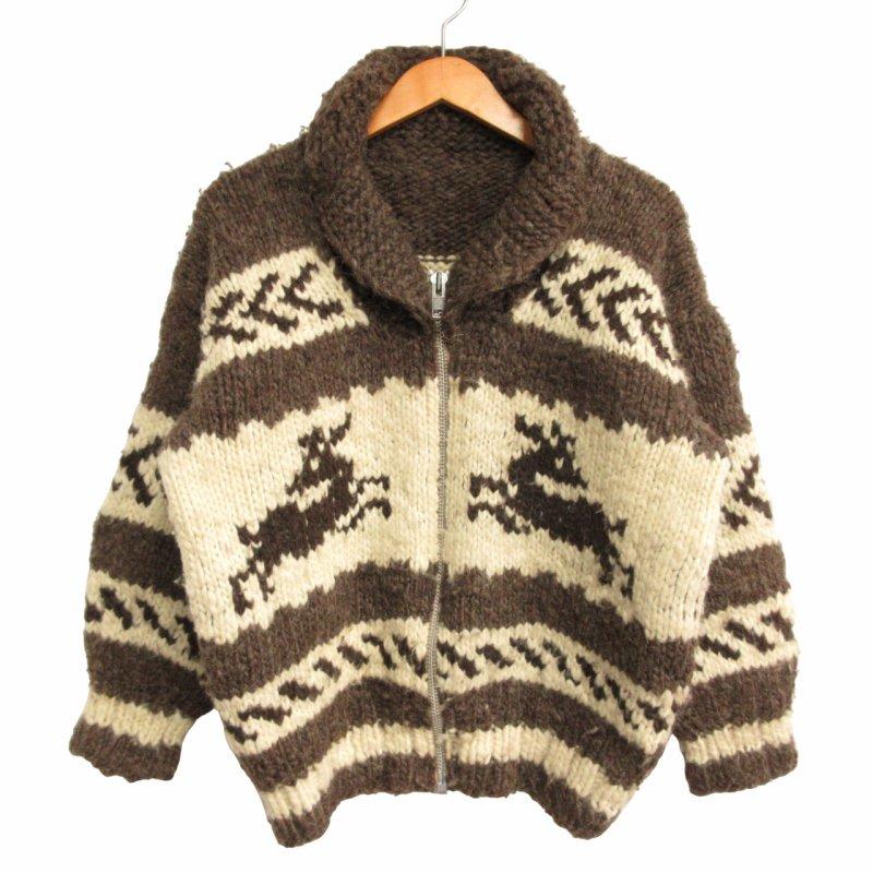 カナダ製 古着 90's カウチンニット ハンドニット セーターカーディガン 狼 カナダ製 古着 90's カウチンニット ハンドニット セーター