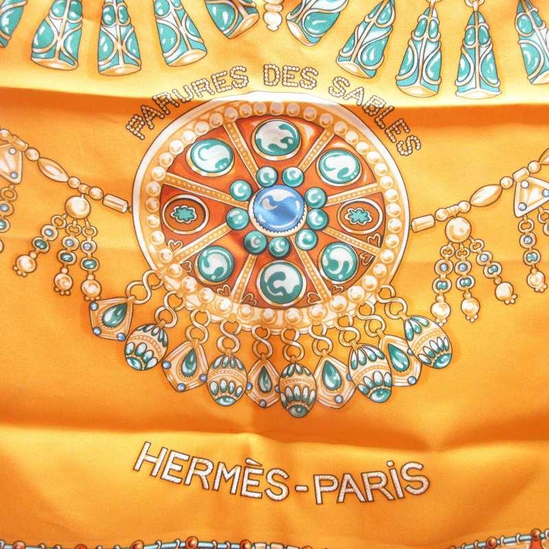 美品】エルメス カレ90 スカーフ PARURES DES SABLES 橙色