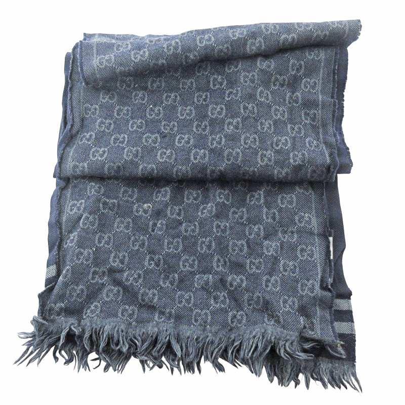 GUCCI グッチ GG柄 リバーシブル マフラー ストール ウール 紺