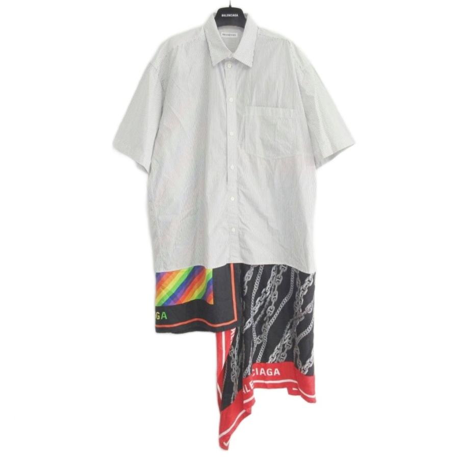 【中古】バレンシアガ 美品 19SS スカーフドッキングシャツ ロング ワンピース ストライプ 切替 ロゴ 総柄 32 ■MNK1 BALENCIAGA バレンシアガ 美品 19SS スカーフドッキングシャツ ロング