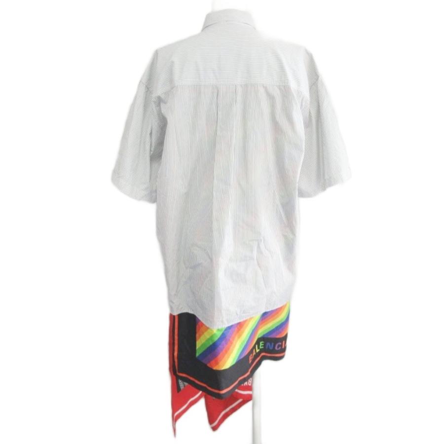 【中古】バレンシアガ 美品 19SS スカーフドッキングシャツ ロング ワンピース ストライプ 切替 ロゴ 総柄 32 ■MNK1 BALENCIAGA バレンシアガ 美品 19SS スカーフドッキングシャツ ロング