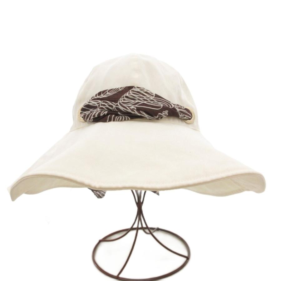 【中古】シャネル CHANEL ハット つば広帽子 スカーフ付 バックリボン イタリア製 F 白 ホワイト 茶 ブラウン /GV CHANEL（シャネル） ハット つば広帽子 スカーフ付 バックリボン