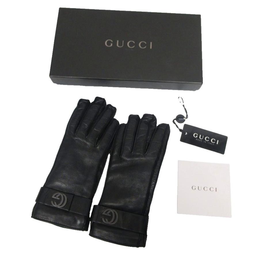 GUCCI（グッチ） レザー グローブ 手袋 カシミヤ裏地 GG金具 本革 7 黒