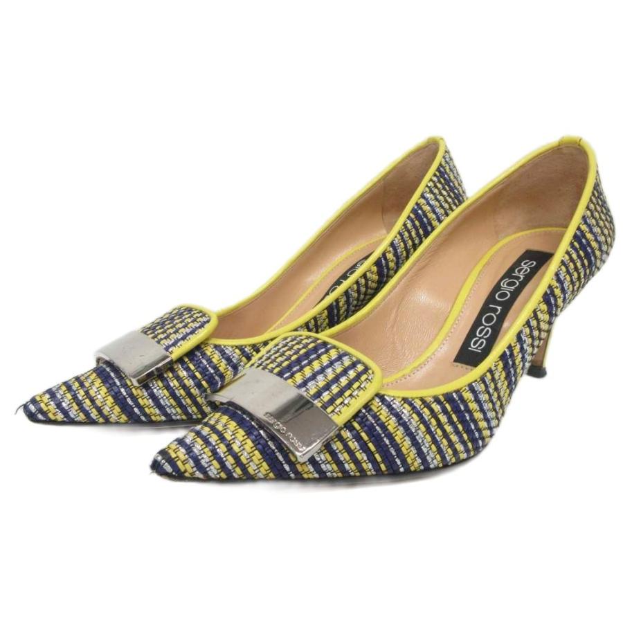 【中古】セルジオロッシ Sergio rossi SR1 パンプス 編み込み レザー ポインテッドトゥ 37.5 黄 イエロー ■MNK3 Sergio rossi（セルジオロッシ） Sergio rossi SR1 パンプス 編み込み