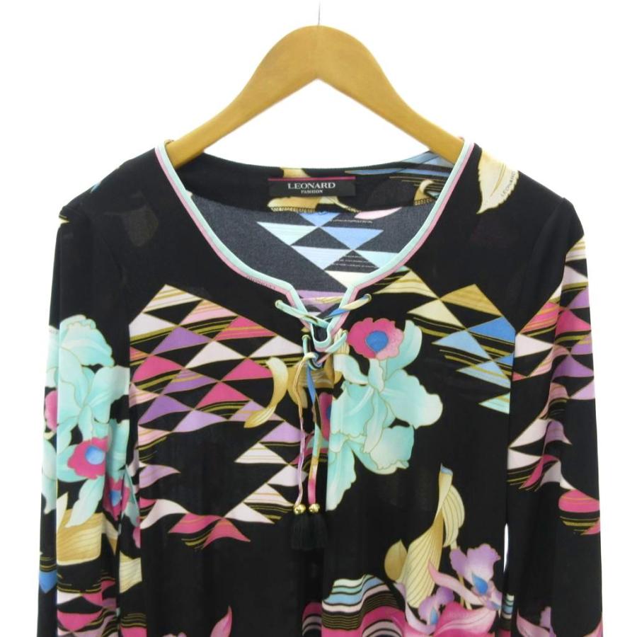 美品 LEONARD SPORT レオナール 花柄 フレア ワンピース 40 LEONARD（レオナール） 美品 ワンピース フロントレースアップ 花柄 七